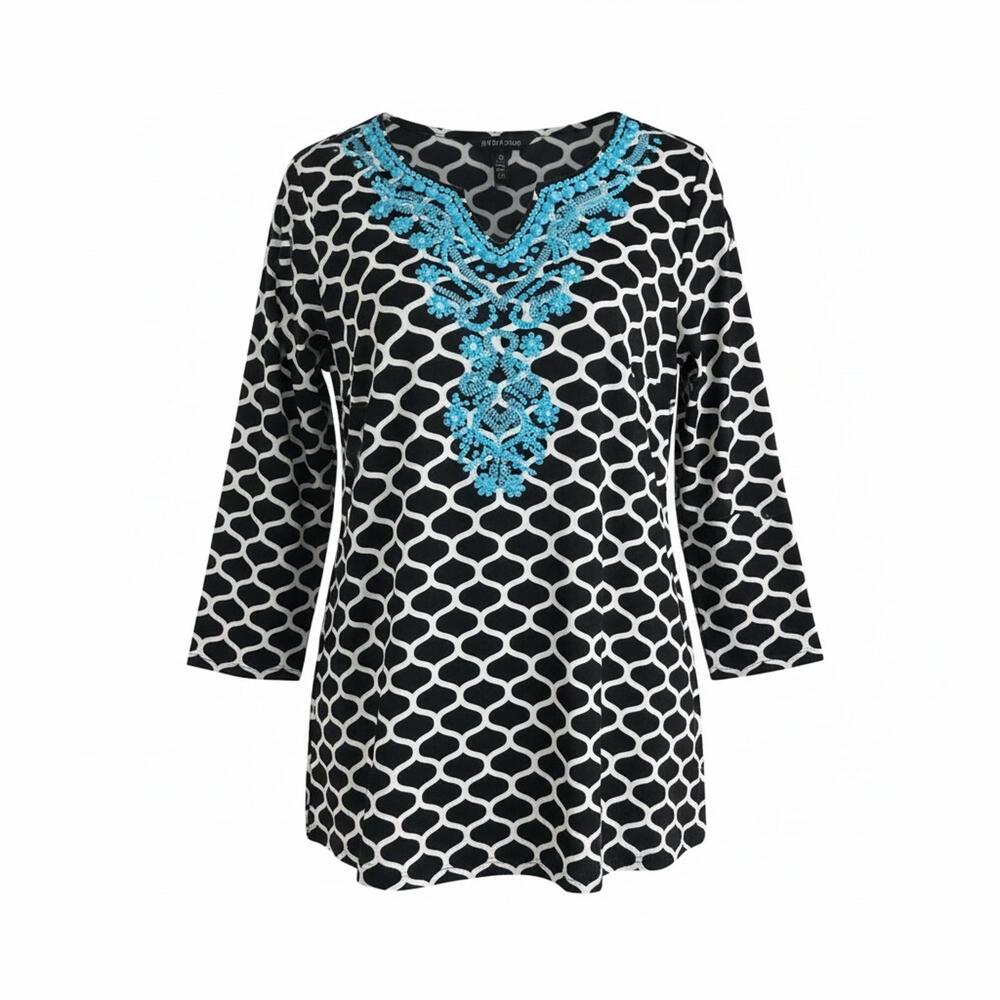 Black White Cotton Tunic Resort Beach Travel Boho Embroidered Size 14/16